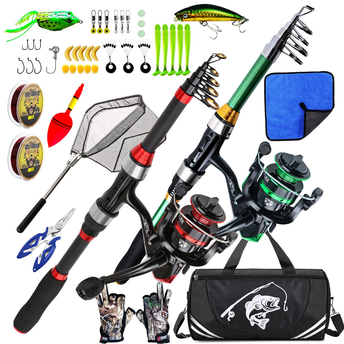 Fishing Rod Glove - 1,8m Teleskop-Doppelköder-Angelrute Komplettes Angelset mit Spinnrolle,
